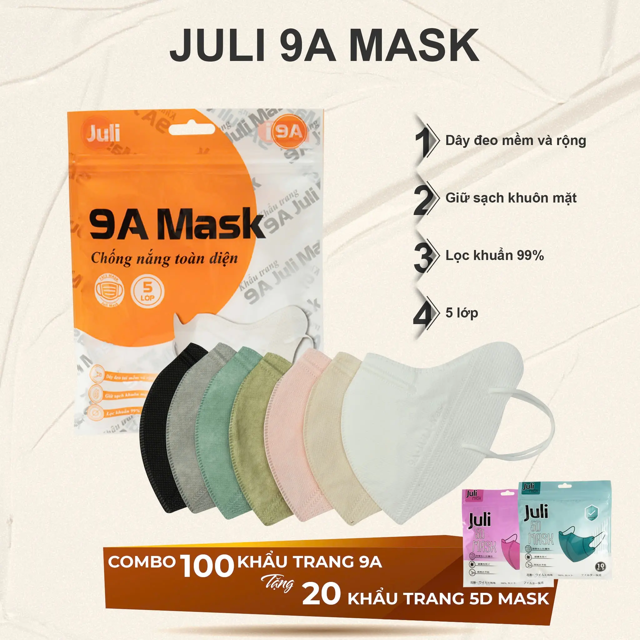 [ Mua 100c tặng 20c 5D] Khẩu trang 9A JULI 5 lớp kháng khuẩn,chống nắng,dày dặn che kín khuôn mặt