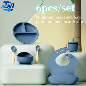 【ACAN】Celemek Bayi Silikon 6 Buah, Peralatan Makan Bayi Anti Jatuh, Set Makan Bayi Lengkap [Celemek, Piring, Garpu, Sendok, Mangkuk, Cangkir]