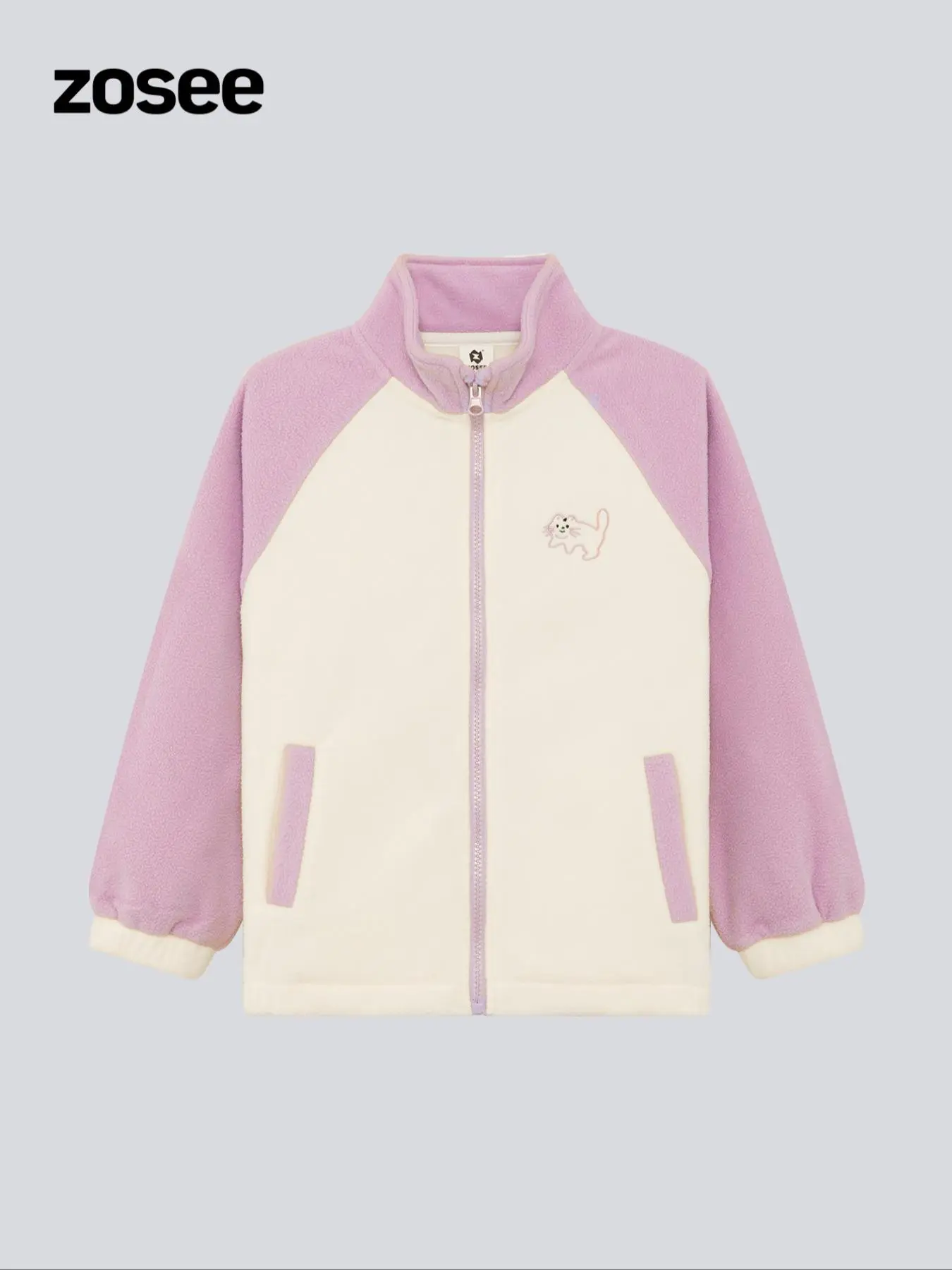 Girl's Colorblock Patchwork & Cartoon Cat Embroidering Zip Up Jacket, Casual Long Sleeve Plush Outerwear for Fall & Winter, Kids Clothes for Daily Wear