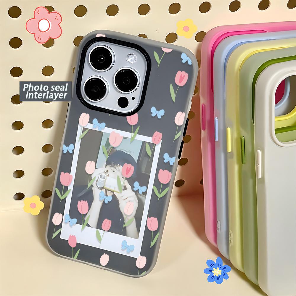 Jelly Color 2 In 1 Casing Untuk Samsung A07 A17 A56 A35 A55 A15 A16 A54 A06 A26 A35 A36 A53 S25 Ultra S24FE 5G Case Double-layer Matte Case DIY Card Holder Case Anti Fingerprint Tpu Protective Back Cover Motif Tulip Flowers