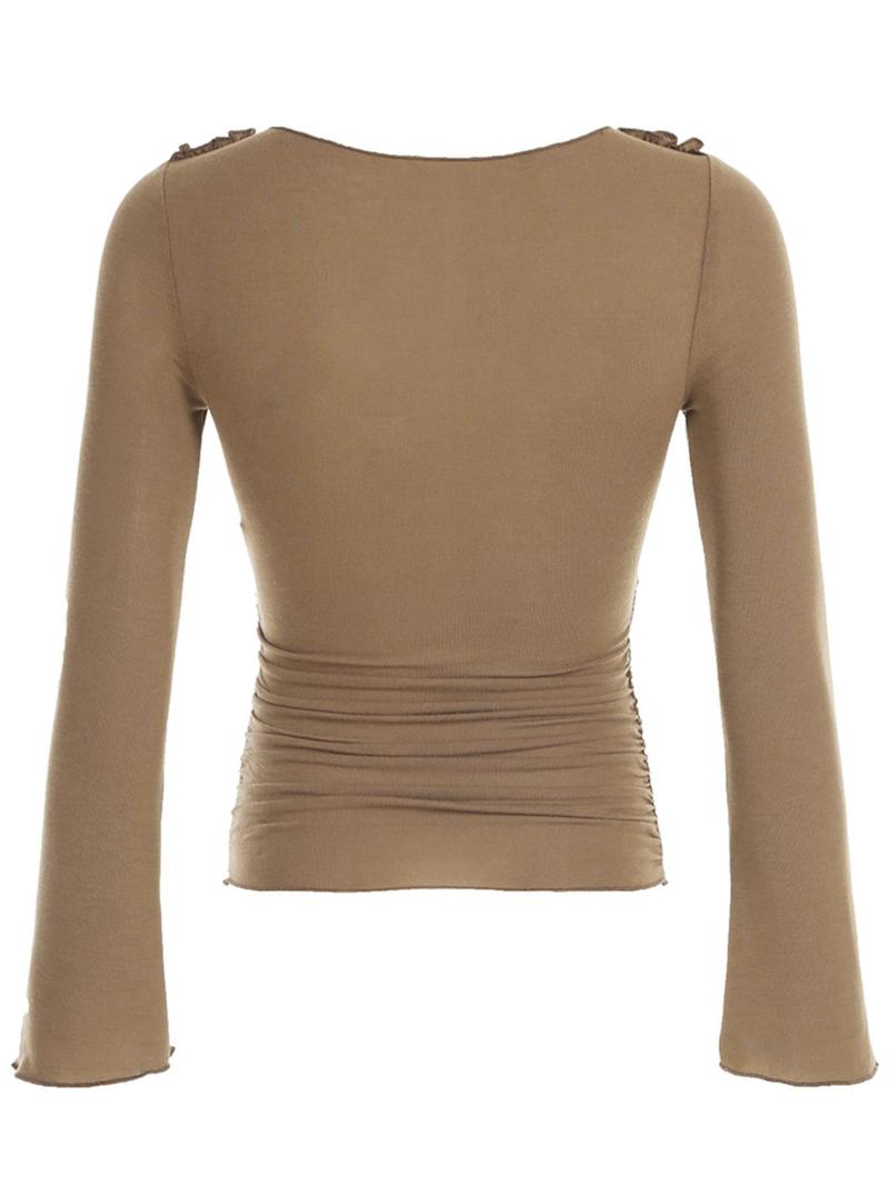 Product Introduction of Women's Plain Ruched V Neck Tee, Y2K Long Sleeve T-Shirt for Spring & Fall, Women's Clothes for Daily Wear 4