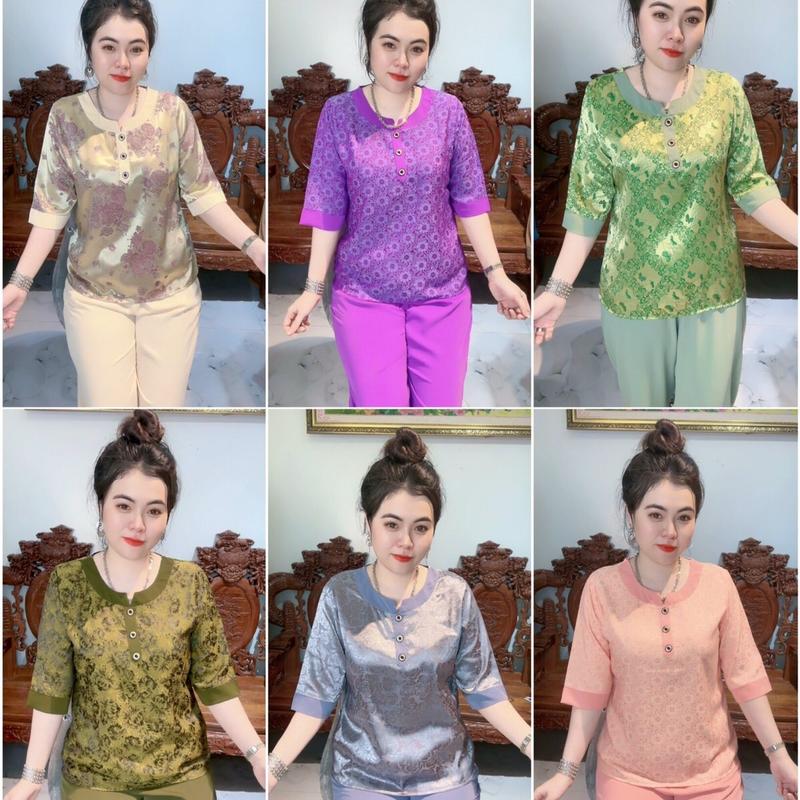 Bộ CỔ TRÒN GẤM thiết kế trung niên tặng Mẹ tặng Bà sang trọng bộ gồm 2 món áo và quần.