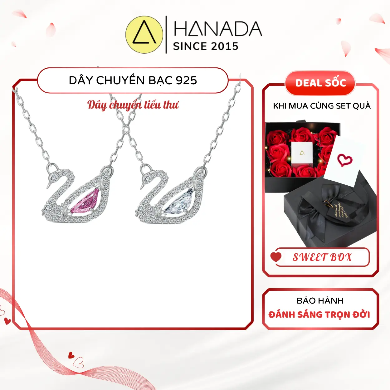 Dây chuyền nữ Bạc 925 vòng cổ Hanadaquà tặng sn bạn nữ set trang sức dây chuyền bạc thiên nga đính đá trắng hồng sang trọng dây chuyền bạc cho nữ đi tiệc L1301 K10