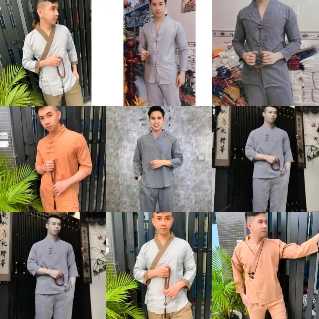 Đồ lam đi chùa nam cao cấp- Bộ Phật tử nam cổ xéo vải đũi gân Quảng Châu đẹp, thoáng khí, không phai màu đủ size