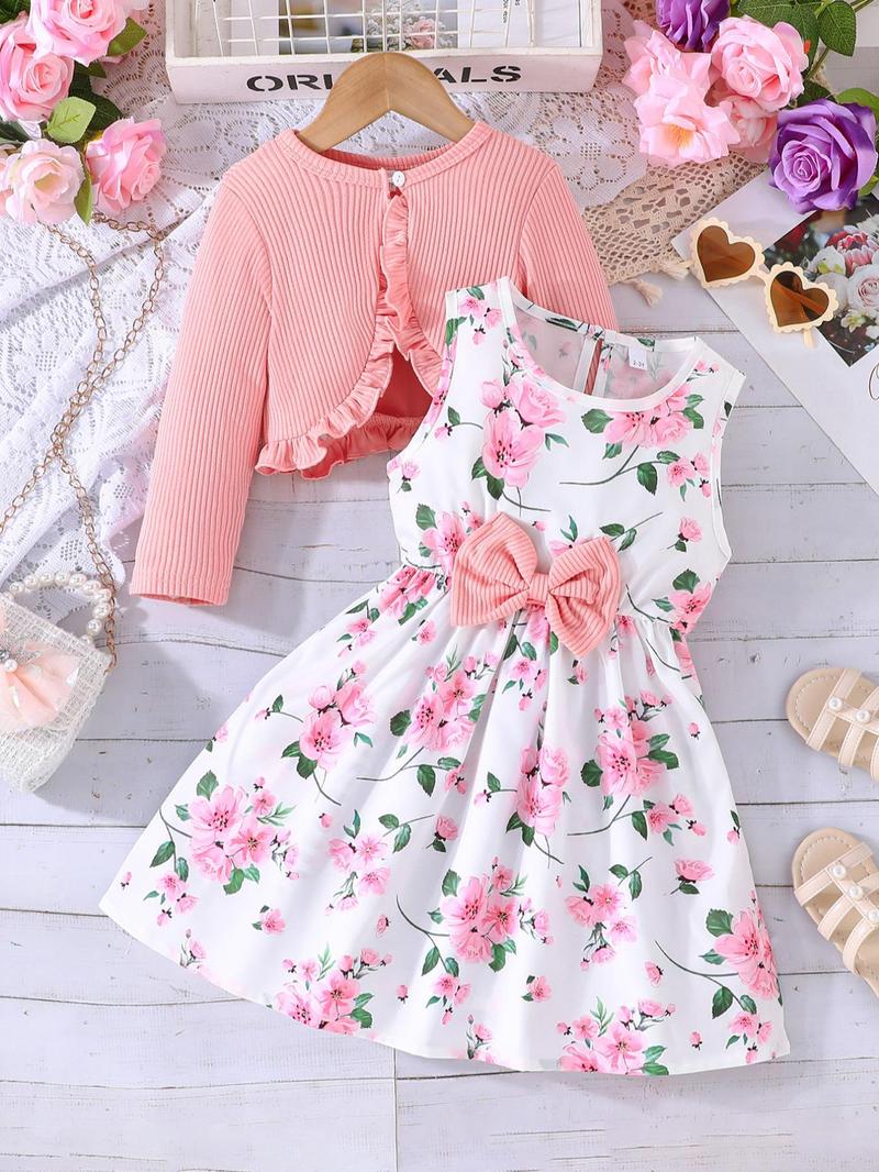 Product Introduction of Toddler Girl's Ditsy Floral Print Sweater Co-ord Set, Cute Sleeveless Dress & Long Sleeve Knitwear Set for Spring, Kids Clothes for Daily Wear 1