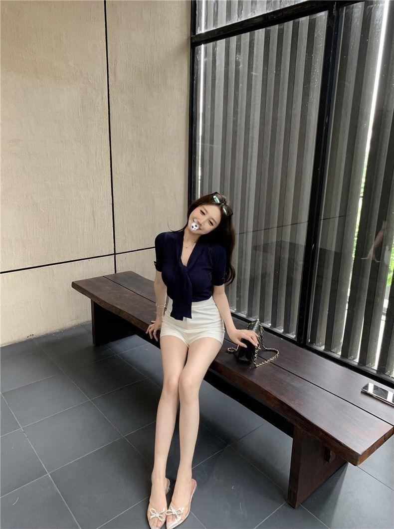 Product Introduction of CQ-Korean Style Ribbon  Short-Sleeved Knitted T-shirt Women's Summer Waist Elegant Slightly Mature Style Chic Blue Top SS24 [1470] 6