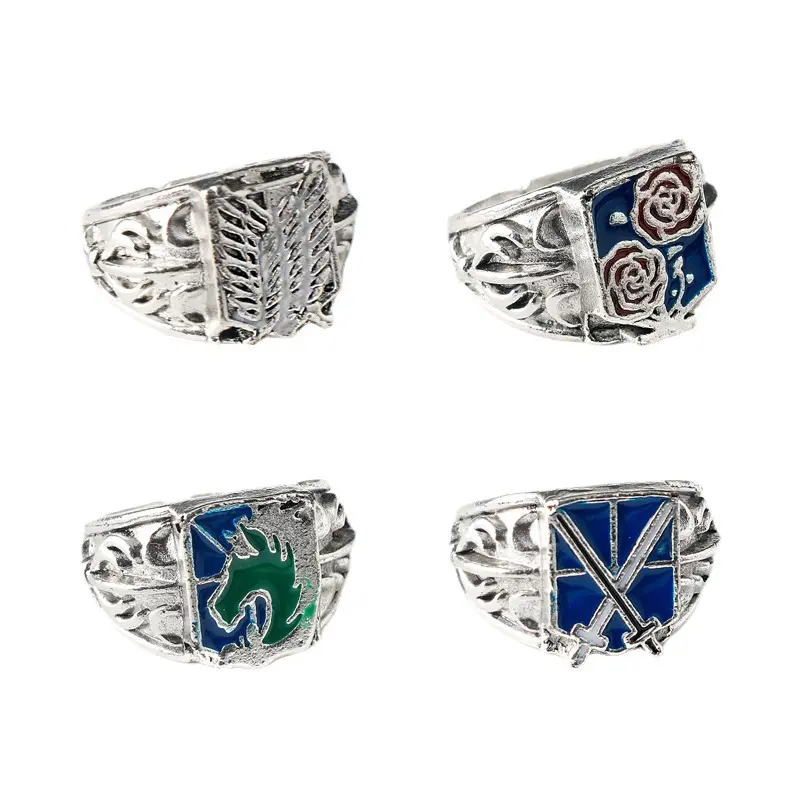 Cincin Logo Lencana Empat Kor, Tema Anime Attack on Titan, Cincin Terbuka Sayap Percuma, Hiasan Aloi Rings