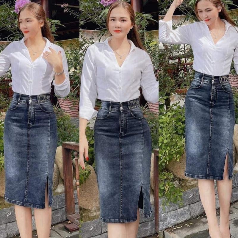 Chân váy jean dáng lửng co giãn 4 chiều Voi - Màu trắng và màu xám