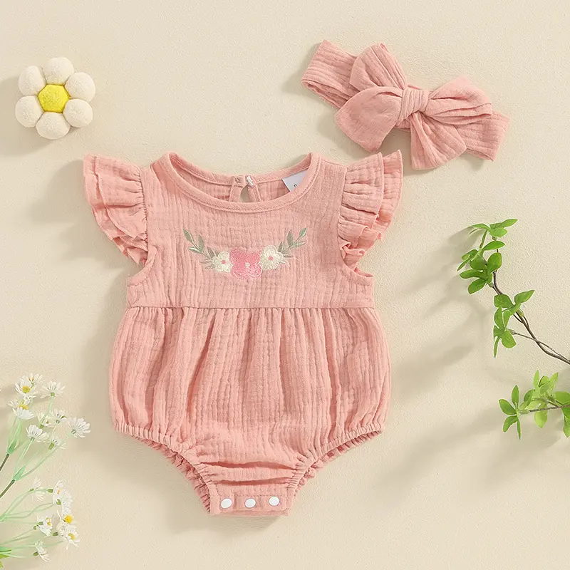 Infant Girls Romper Flower Embroidery Flying Sleeve Round Neck Jumpsuit with Bow Headband 2 Pcs Set