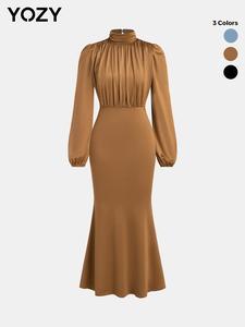 YOZY Women's Plain Ruched Mermaid Dress, Elegant Bishop Sleeve Keyhole Back Dress for Party Holiday Wedding Guest, Ladies Clothes for All Seasons