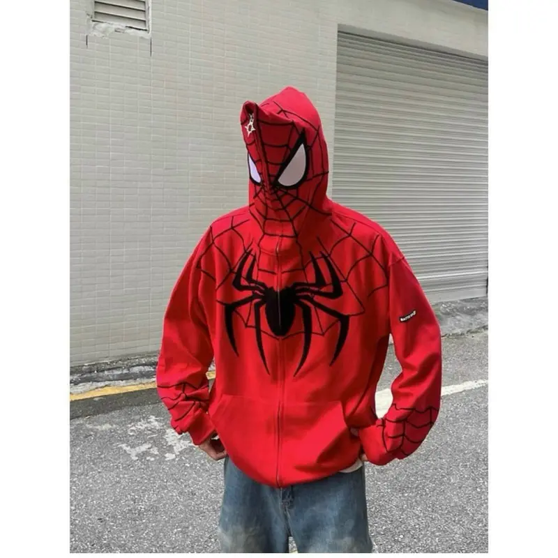 Áo khoác in nhện dây kéo đến nón trùm đầu.chất thun dày mềm mịn, mát, form to bự 80kg Nam Menswear Hoodie Dài Tay Đen Kem 5