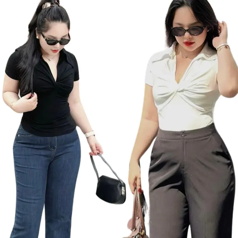 Áo Thun Nữ Bigsize Tay Ngắn Xoắn Trước Cổ Bẻ ESHOP Áo Kiểu Nữ Bigsize 45-85Kg Áo Phong Nữ Ôm Body Co Giãn Mùa Hè Đẹp Dễ Thương MS229 Top Áo Nữ Women 0
