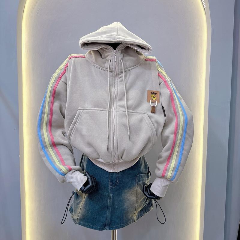 ÁO KHOÁC 3 SỌC THÊU LOGO GẤU 6 TÚI - nón to - dây kéo cao - xỏ ngón tay - size từ 38kg-65kg Nữ Jacket Women Top Nhung thông thường thường 1