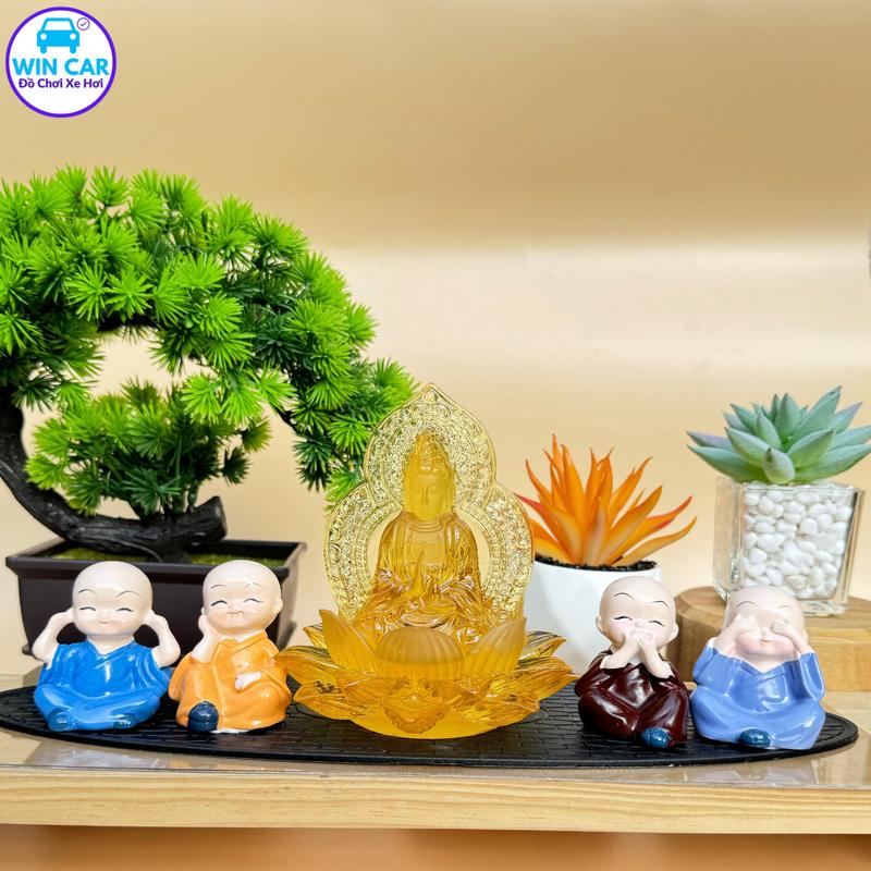 Sét Tượng Đá Lưu Ly Phật Quan Âm Ngồi Đài Sen 2 Mặt + 4 Chú Tiểu  - Trang trí Taplo xe, trang trí Nội Thất Ô tô. Decor Decor Phòng - Xe Hơi
