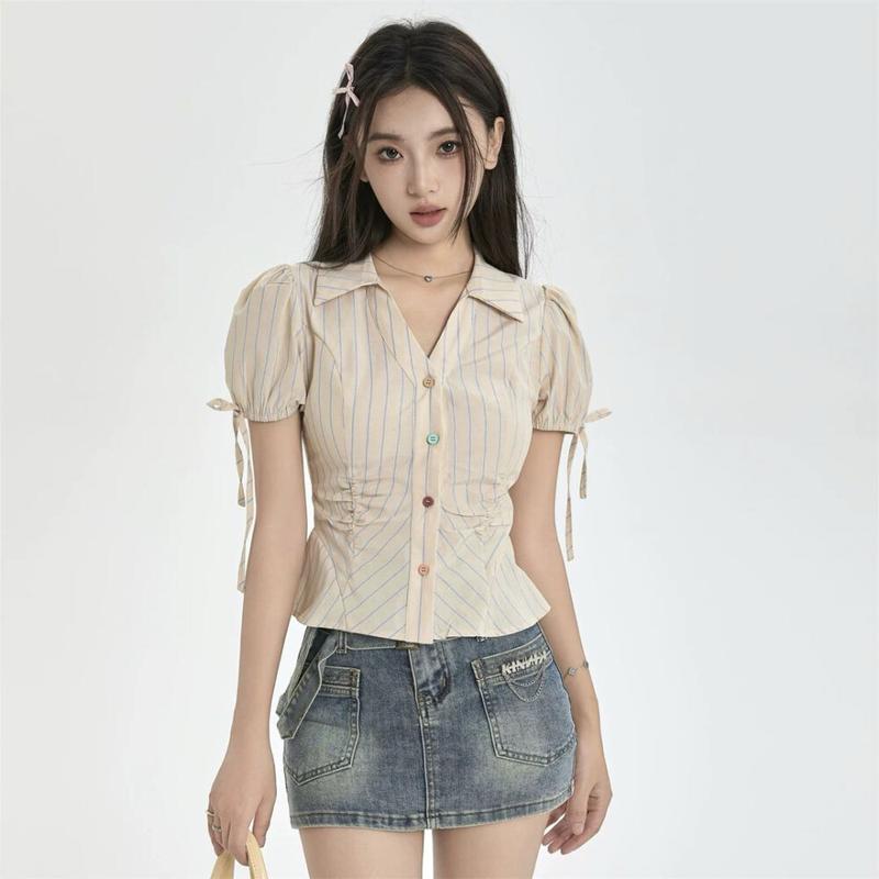 Product Introduction of FADFAD[Ready Stock] Kemeja Lengan Pendek Bermotif Garis Krah V-neck Untuk Wanita 4