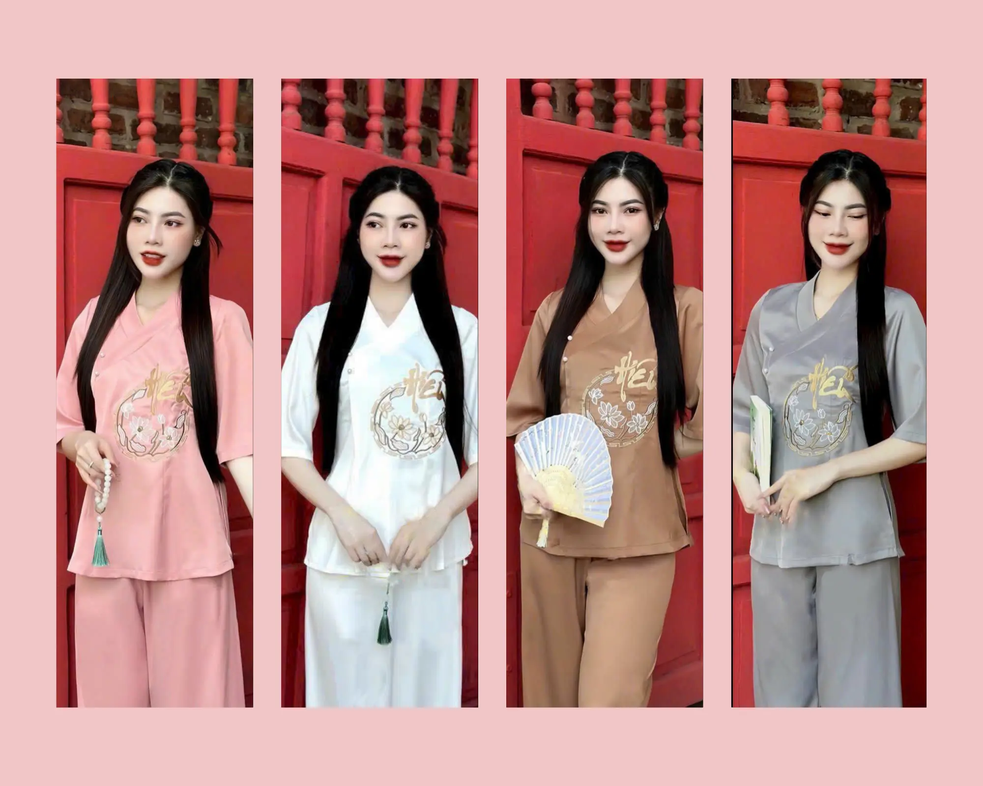 Set đồ lam tyết nhung thêu chữ hiếu đính ngọc L02 Top trang phục truyền thống