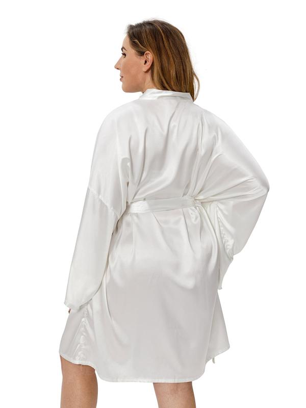 Plus Size Solid Belted Wrap Drop Shoulder Satin Robe, Casual Long Sleeve V Neck Dressing Gown for Daily Home Wear, Women's Sleepwear for All Seasons 4