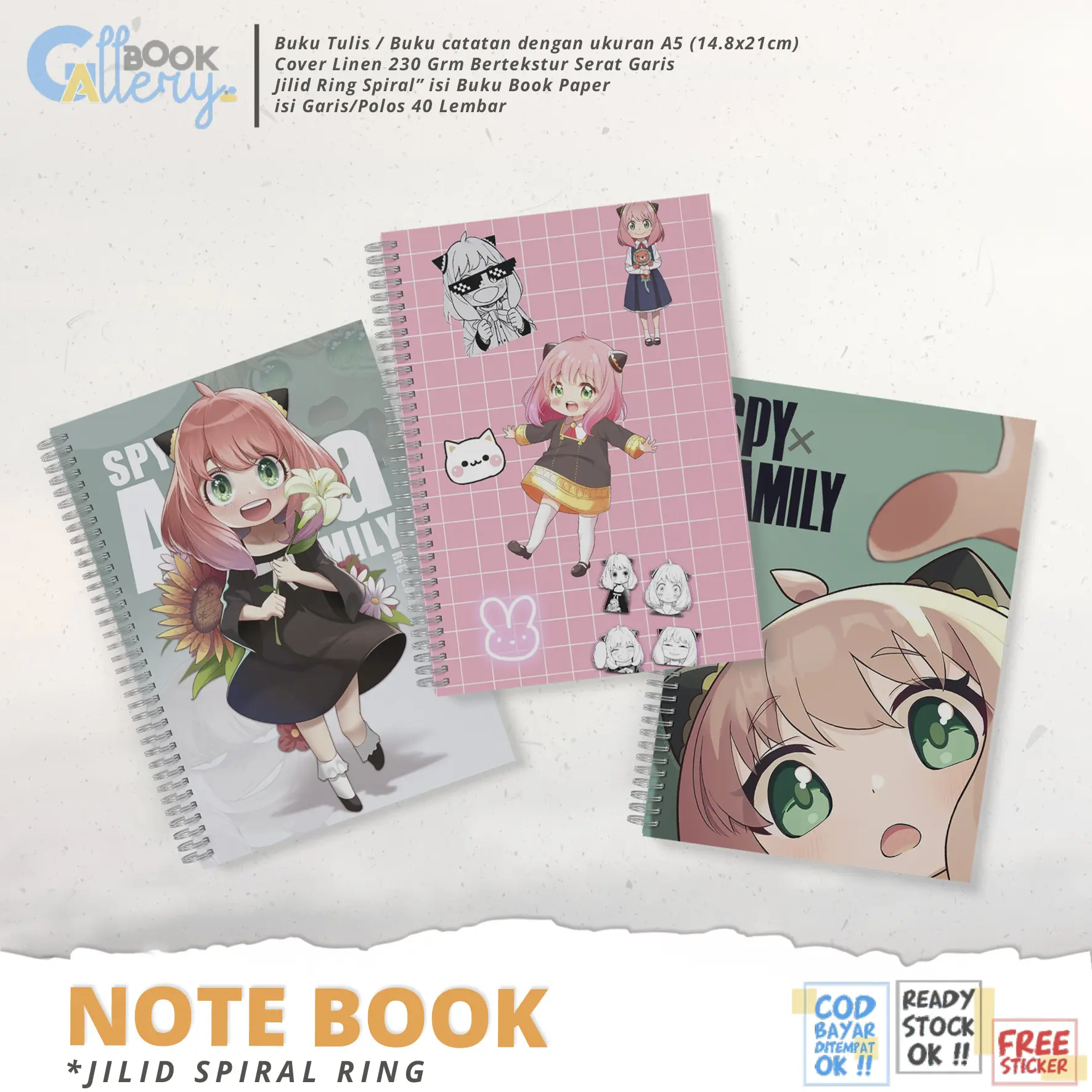 [SP] Buku Tulis / Buku Catatan / Note book Anime SPY x FAMILY, Anya Forger Jilid Ring Spiral Dengan isi Book Paper Garis/Polos 50 Lembar Free Poster dan Stiker Ukuran A5