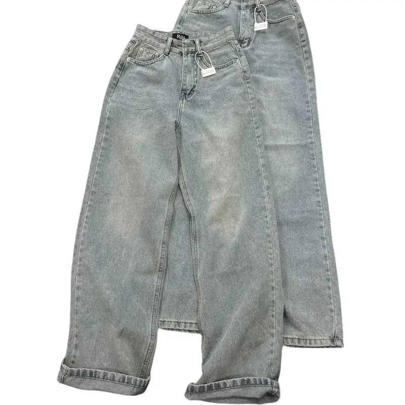 (RITA JEAN)A1 Quần Jean Nữ Ống Rộng Lưng Cao Trơn QC Mềm Lai Cuốn Màu Xanh Dài 104cm Rita Pants Women Denim 8