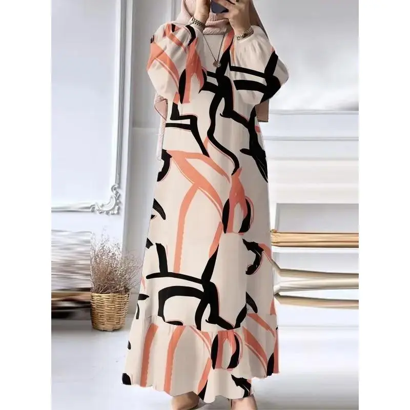Fashion Printing Muslim Women's Wear Spring and Autumn Blouse and Pants Antique Long-Sleeved Trousers Sundress