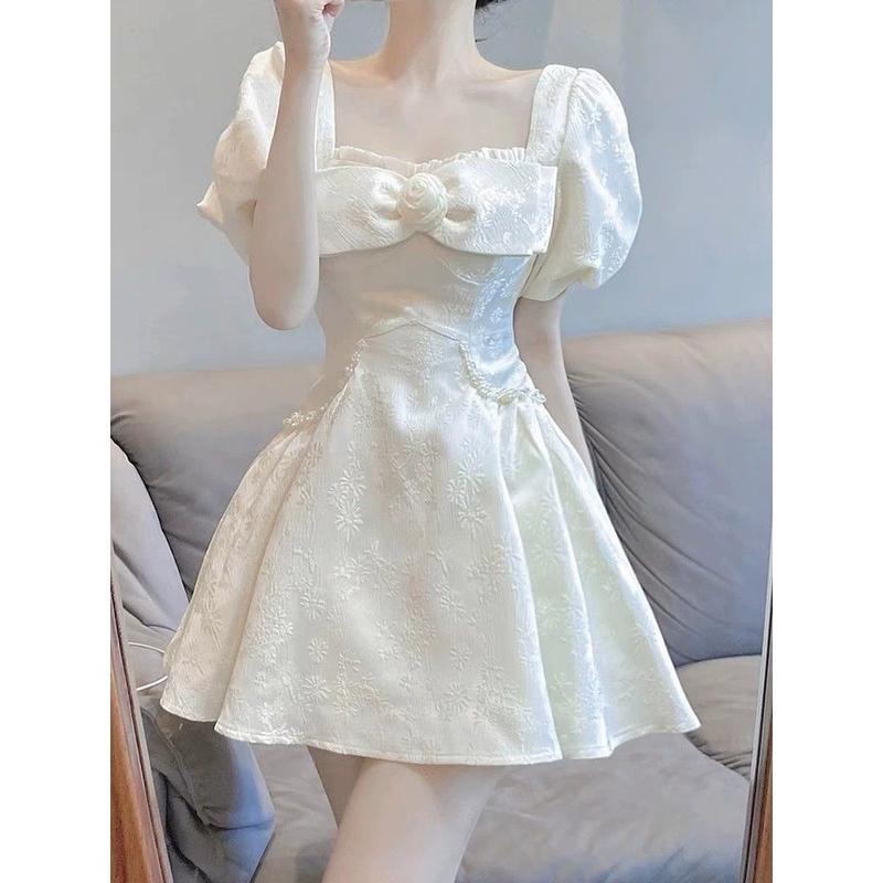 Nữ  Dress Váy Trắng, Miss Qianjin, Phong Cách Pháp, Tay Phồng Mỏng, Vải Jacquard, Cổ Vuông, Có Nơ, Váy Bong Bóng Công Chúa Women Lệch Vai 0
