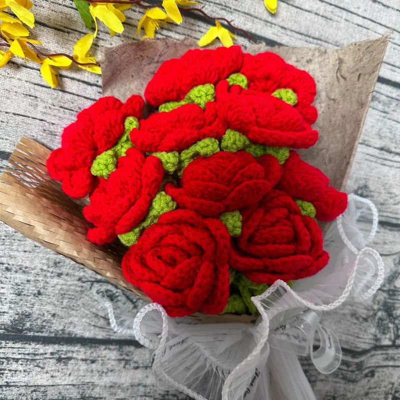 Crochet Rose Bouquet, 1 Count Artificial Flower Bouquet, Decorative Flower for Home Living Room Bedroom Dining Room Wedding Party, New Year Gift, Valentine's Day Gift 2
