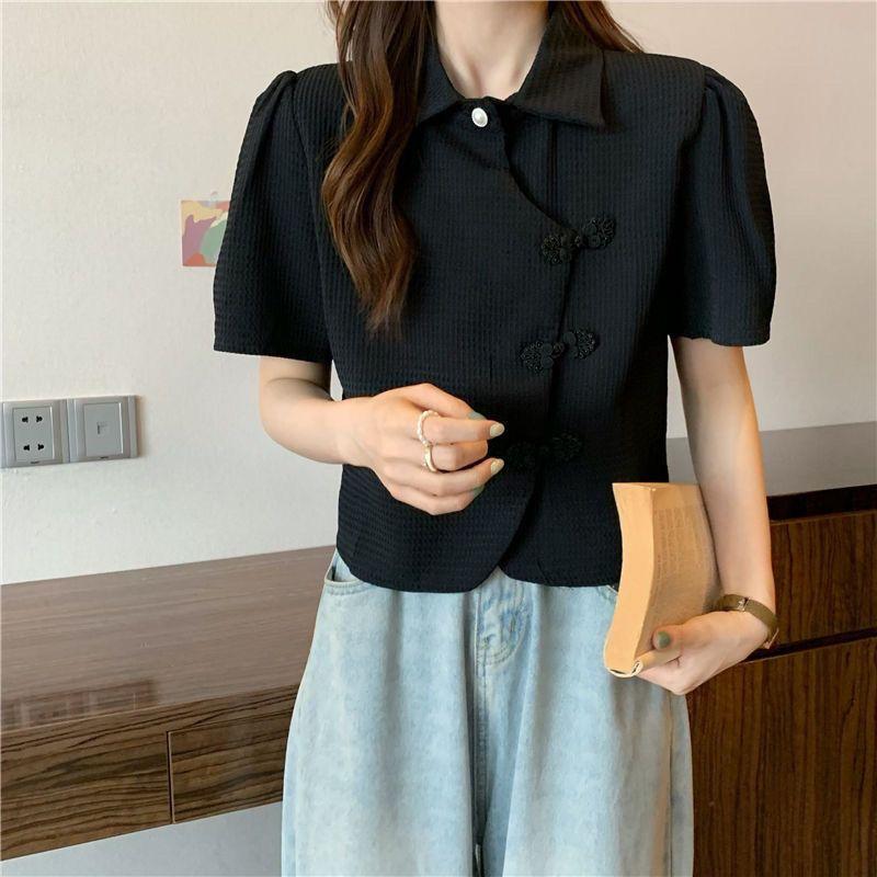 Product Introduction of Cheongsam Button Polo Collar Short-Sleeved Shirt Women's Summer 2025 New Design Sense Niche High-Grade Short Shirt Fashion Top Womenswear Blouse Lingerie Casual Comfort Basic Collared Minimalist 9