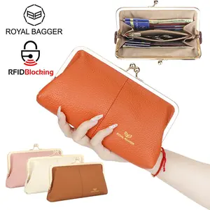 Royal Bagger Dompet Kiss Lock RFID, Tempat Kartu Warna Polos Multi Slot, Dompet Clutch Kulit Asli untuk Wanita
