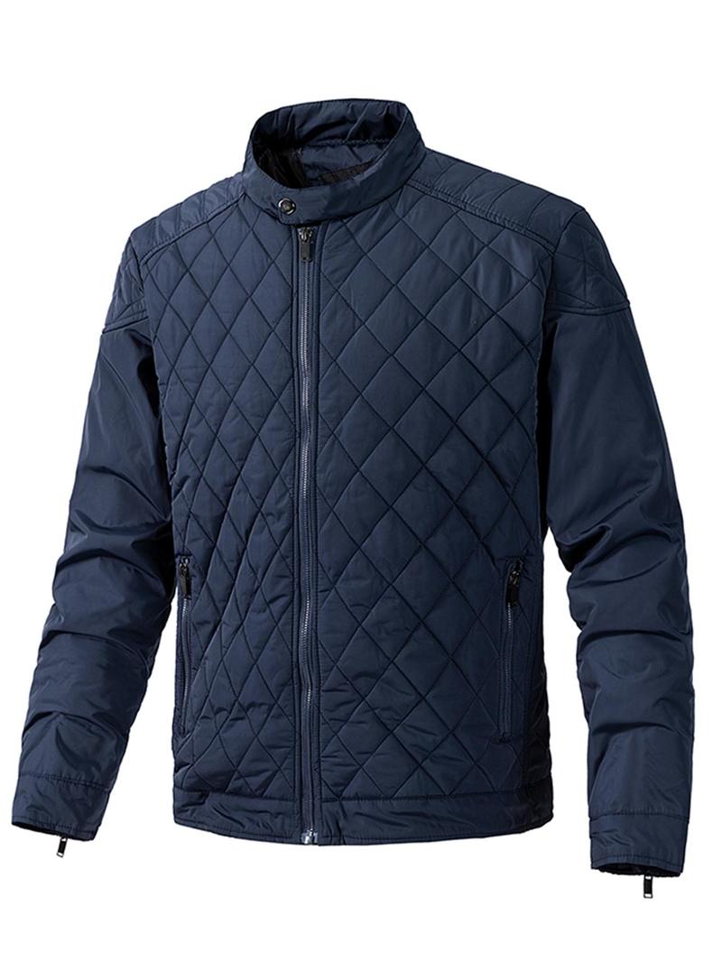 Product Introduction of Men's Solid Pocket Zipper Button Quilted Jacket, Regular Fit Casual Long Sleeve Stand Collar Outerwear for Fall & Winter, Men's Clothes for Daily Wear 3