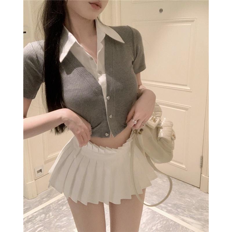 Áo Sơ Mi Ngắn Tay, Gợi Cảm, Paneled, Ve Áo, Bó Sát 4