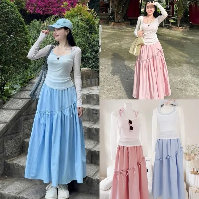( Sam’s Clothing ) Set áo nữ 2 dây cổ yếm + Áo thun trắng tay dài + Chân váy dù lưng chun xoè dáng dài đính nơ