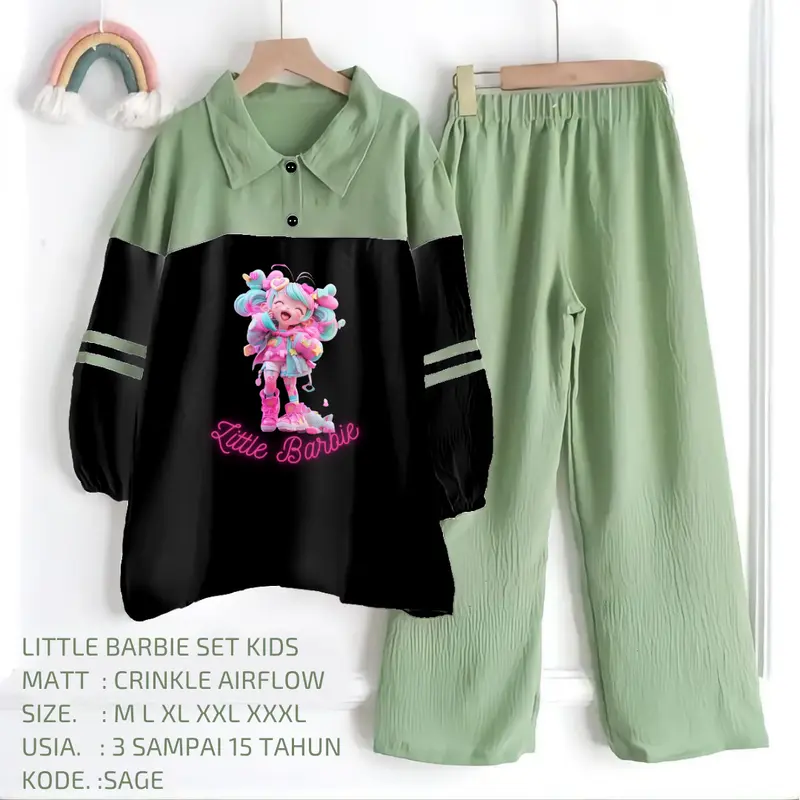 Setelan Anak Berbie Bahan Crinkle Air Flow Kekinian // Setelan Anak Perempuan Terlaris Dan Viral Little Barbie Set Kids Lengan panjang Motif Fashion Lucu 3