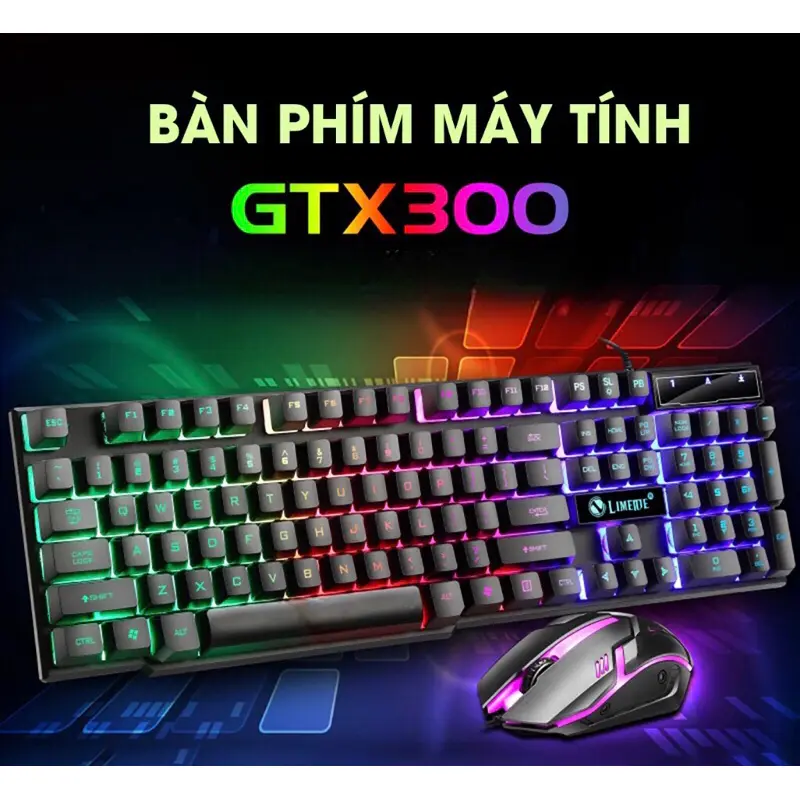 Bàn phím giả cơ GTX300 kèm chuột, bàn phím máy tính chống nước led rgb chơi game làm việc văn phòng cho PC laptop