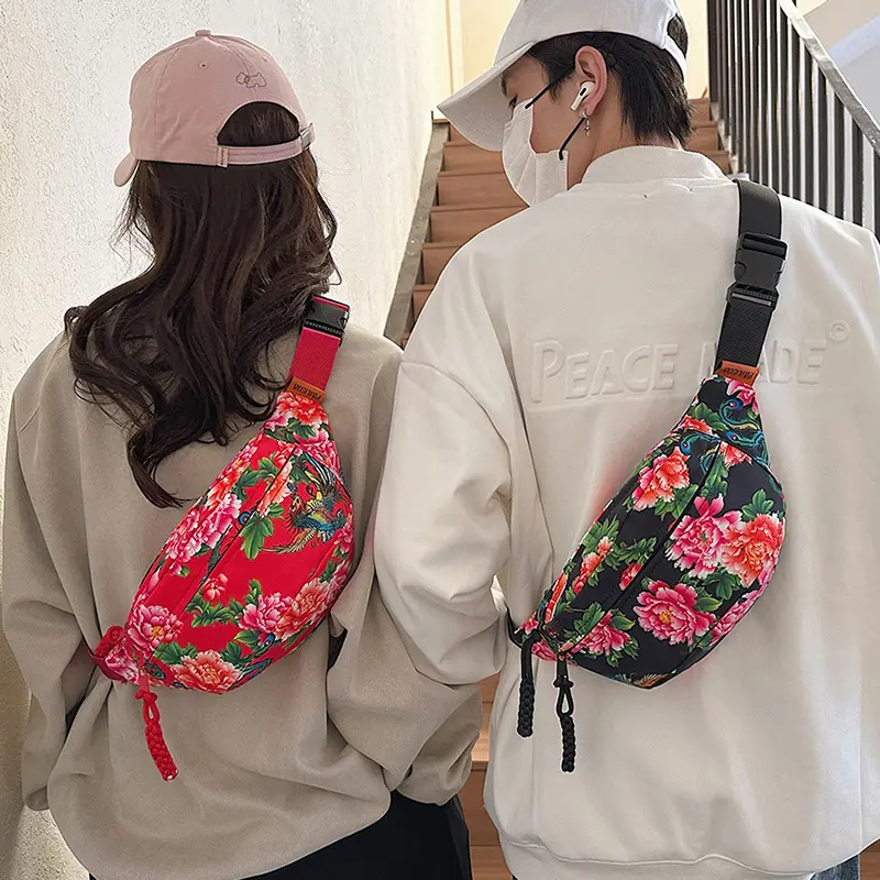 Fashion flower chest bag men's personalized messenger bag network celebrity trendy brand waist bag couple shoulder bag women's small shoulder bag Korean style fashion full waist bag