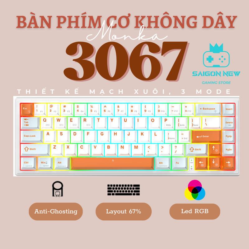 Bàn phím cơ không dây Monka 3067 pro - Hỗ trợ hotswap - LED RGB nhiều chế độ - Mạch xuôi