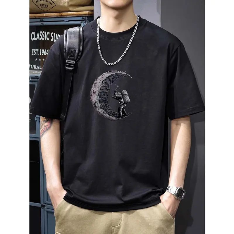 Baju Trip Adventure Men's 100% Cotton Casual Crew Neck T-Shirt with Alphabet Moon Digital Heat Transfer Print - Regular Fit Knit Fabric Short Sleeve Top with Slight Stretch kaos  psht 5