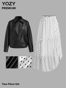 YOZY Women's Polka Dot Print Skirt & PU Leather Jacket Set, Casual Asymmetrical Hem Skirt + Drop Shoulder Outerwear for Fall & Winter