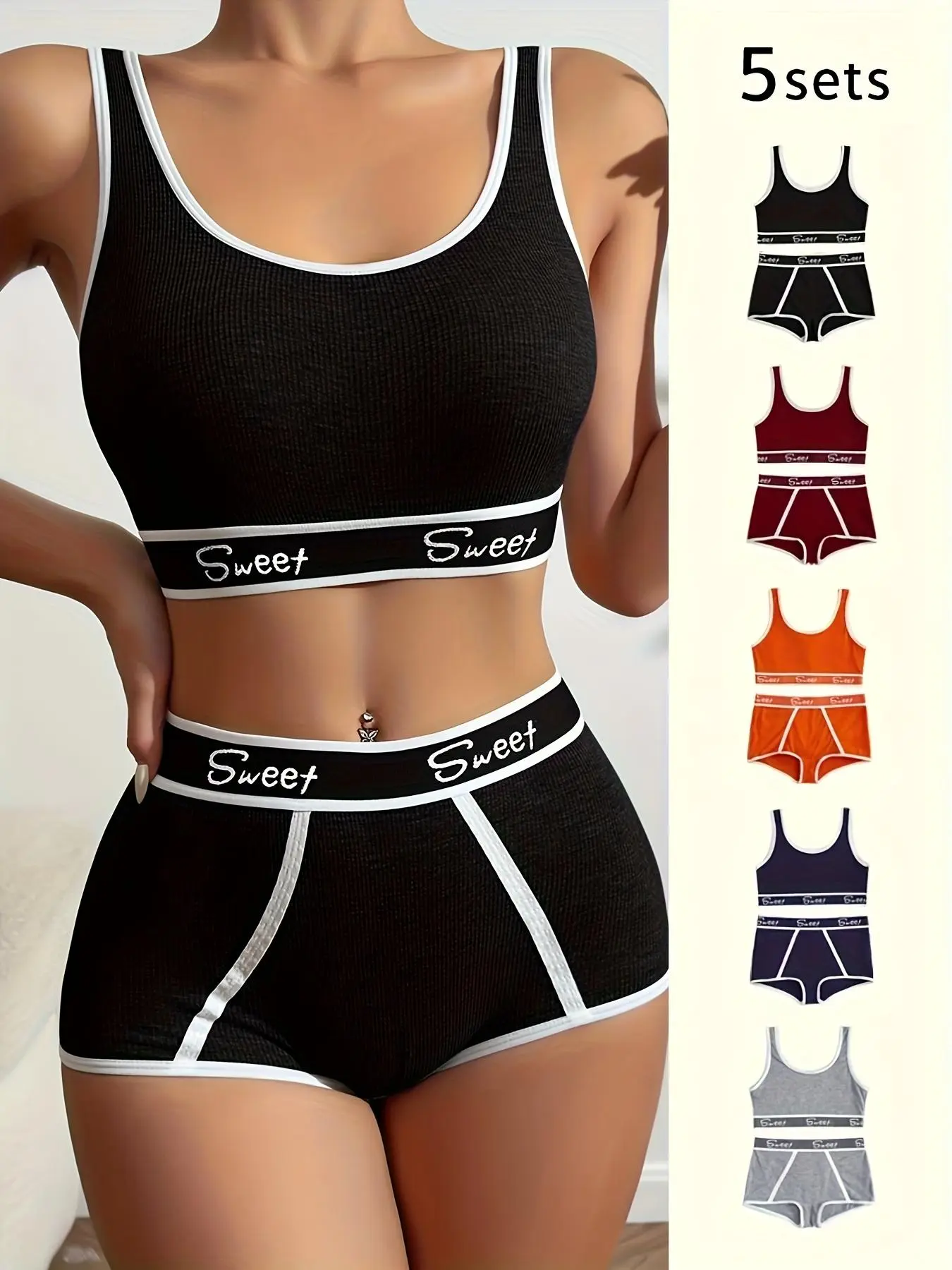 Women's 10pcs Letter Tape Wireless Bra & Contrast Binding Boyshorts Set, Soft Comfy Breathable Lingerie Set for Daily Wear, Fashion Ladies Athletic Underwear Set for All Seasons, Women Underwear Set