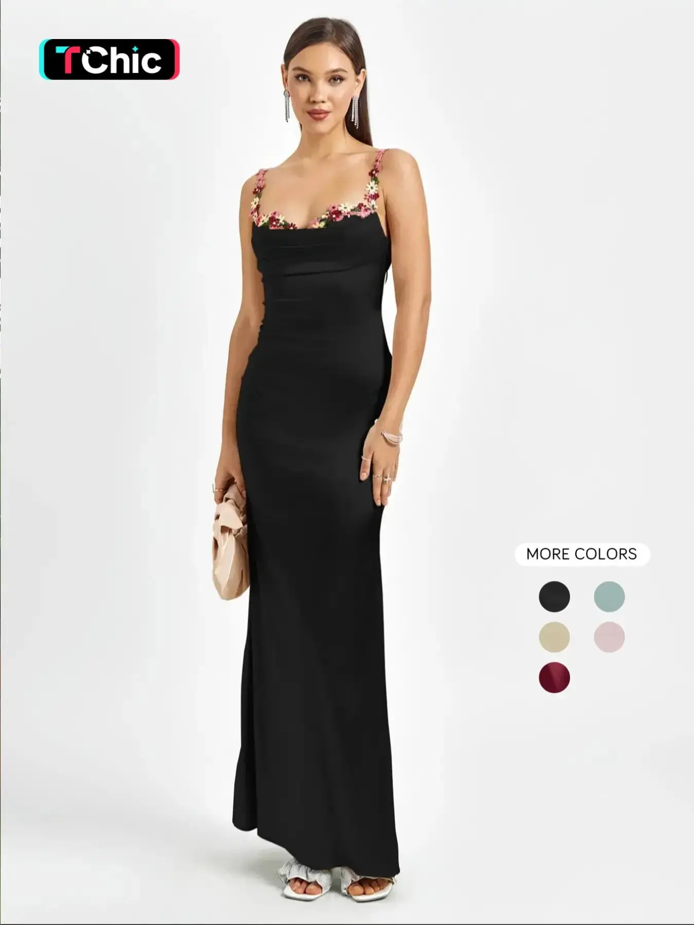 Women's Plain Flower Decor Ruched Backless Bodycon Cami Dress, Elegant Tie Back Sleeveless Maxi Dress for Party Club Dating Wear, Ladies Summer Clothes Gown