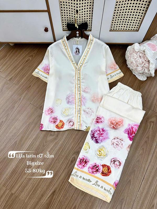 Size 60-75KG- Bigsize Bộ Lụa Latin Tơ Tằm Cổ Tim Tay Ngắn Quần Dài In 5D TNQD Mềm Mát Mặc Nhà Cao Cấp Women Nữ 2