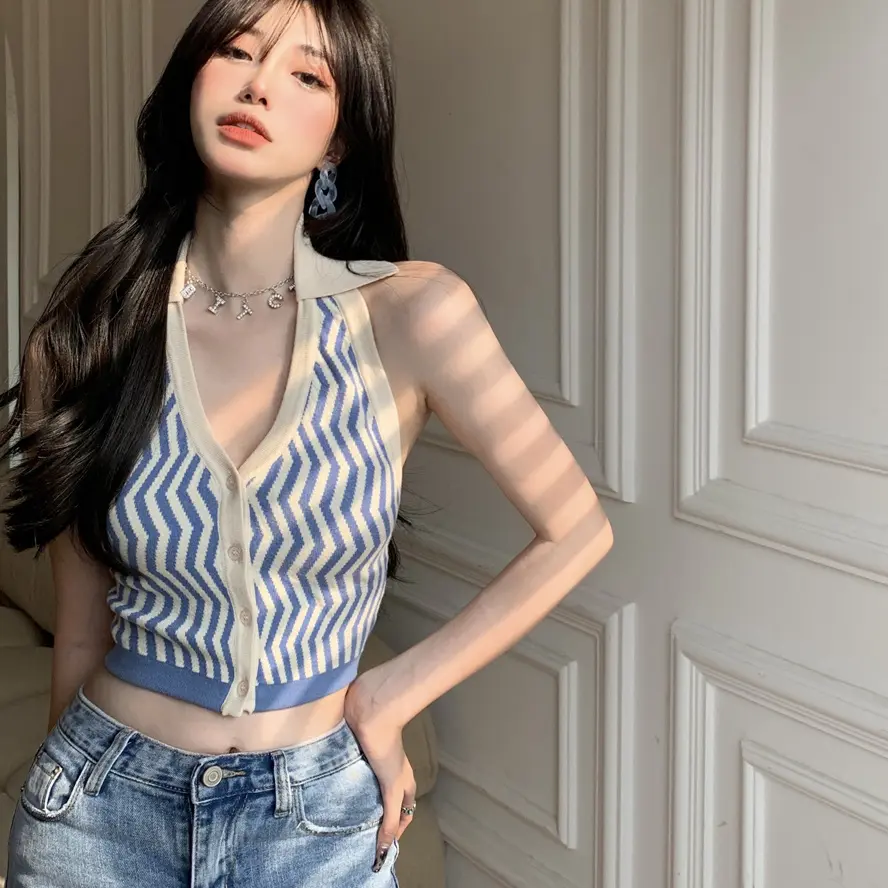 Trang Phục Nữ, Thiết Kế Tươi Mới, Thích Hợp Cho Kỳ Nghỉ Và Hoạt Động Ngoài Trời, Ngắn, Phong Cách Âu Mỹ Đồ Lót, Áo Ba Lỗ Cổ Yếm Hàng Đầu, Dễ Thương Và Gợi Cảm