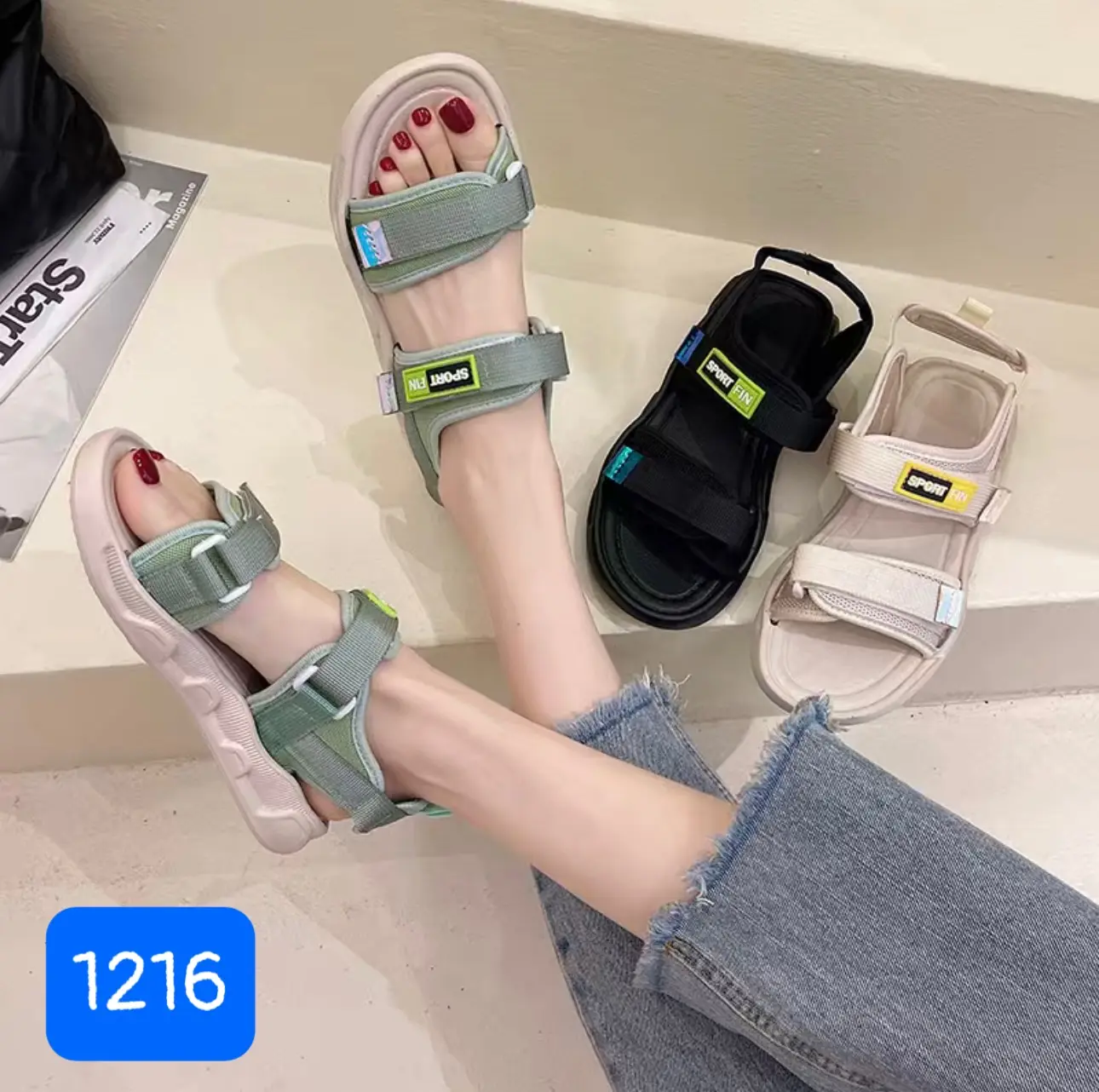[Hình thật] 1216 Giày Sandal học sinh nữ quai dán Sport Fin đế cao su kiểu dáng thời trang trẻ trung, năng động cá tính