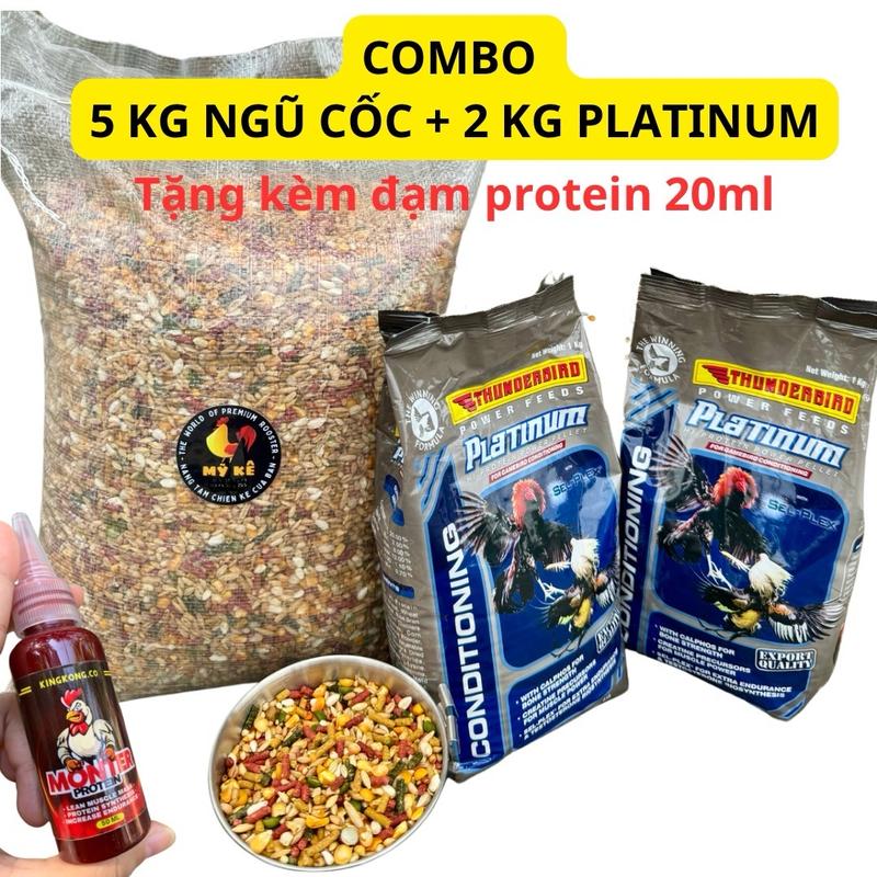 5kg Ngũ cốc + 2kg Thunderbird Platinum, combo phối trộn thức ăn chuẩn cho gà đá - tặng đạm protein cho gà đá 20ml