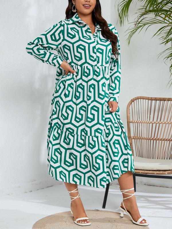 Plus Geometric Print Long Sleeve Button Front Midi Dress, Casual All Over Print Collared Button Loose Dress For Spring & Fall, Fashion Women's Dress For Daily Wear 2