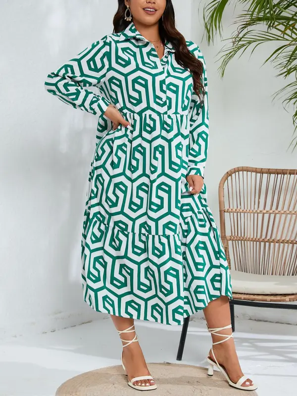 Plus Geometric Print Long Sleeve Button Front Midi Dress, Casual All Over Print Collared Button Loose Dress For Spring & Fall, Fashion Women's Dress For Daily Wear 2