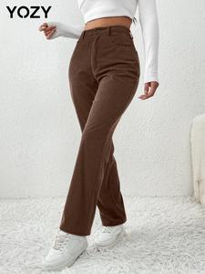 YOZY Women's Plain Pocket Button Front Straight Leg Corduroy Pants, Casual Comfy High Waist Trousers for Lady Daily Wear, Women's Bottoms, Comfort Basic Minimalist Womenswear