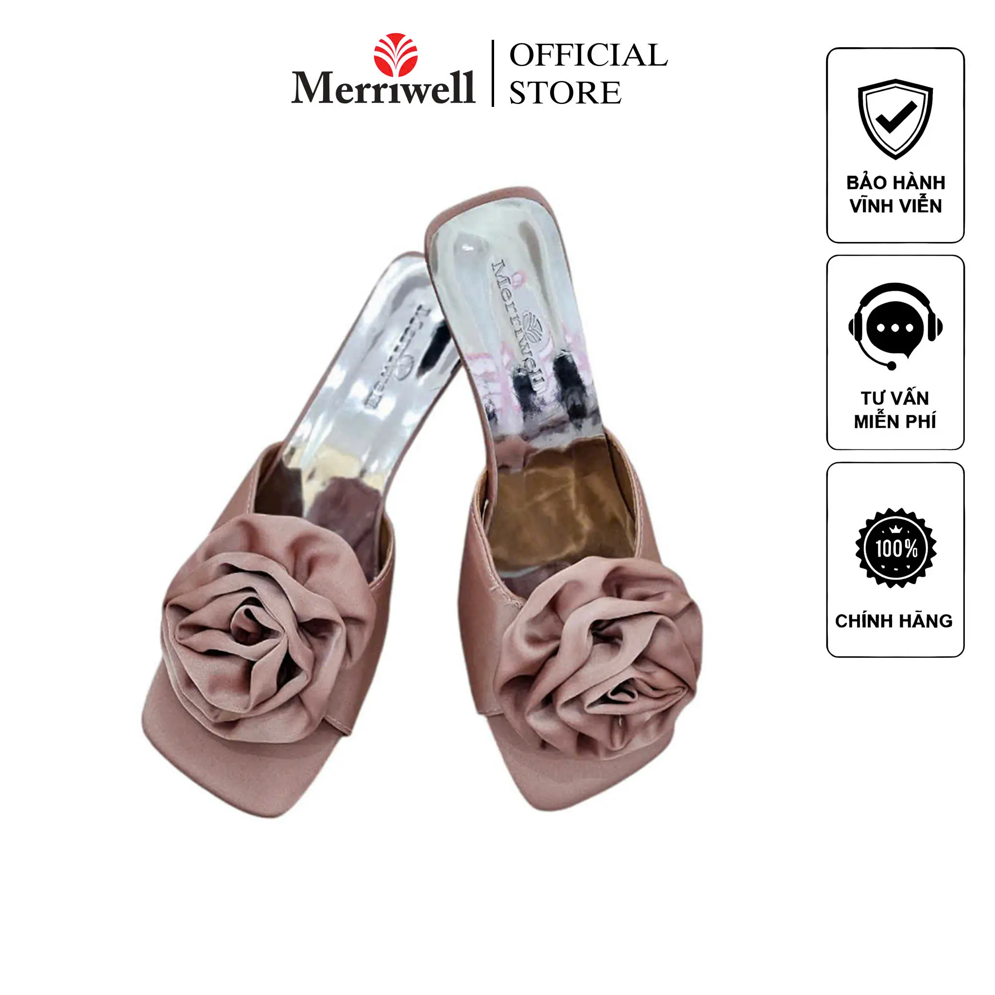 MERRIWELL Dép Cao Gót Nữ Đính Bông Hoa DN10 DéP GiàY Shoes Sandal Đồng Nhung Cao Su guo c nux in h giày  đẹp 2024 cao  gót đế thấp guoc  xinhsang chanh