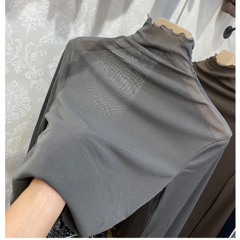 Áo Lớp Nền Ren Lưới, Dành Cho Nữ, Tay Áo Dài, Cổ Cao, Có Thể Mặc Bên Trong, Áo Sơ Mi Trong Suốt Siêu Nhỏ, Mười Ba Hàng, Dễ Phối Đồ, Thích Hợp Cho Mùa Xuân Và Mùa Thu, 2024 Top Trắng