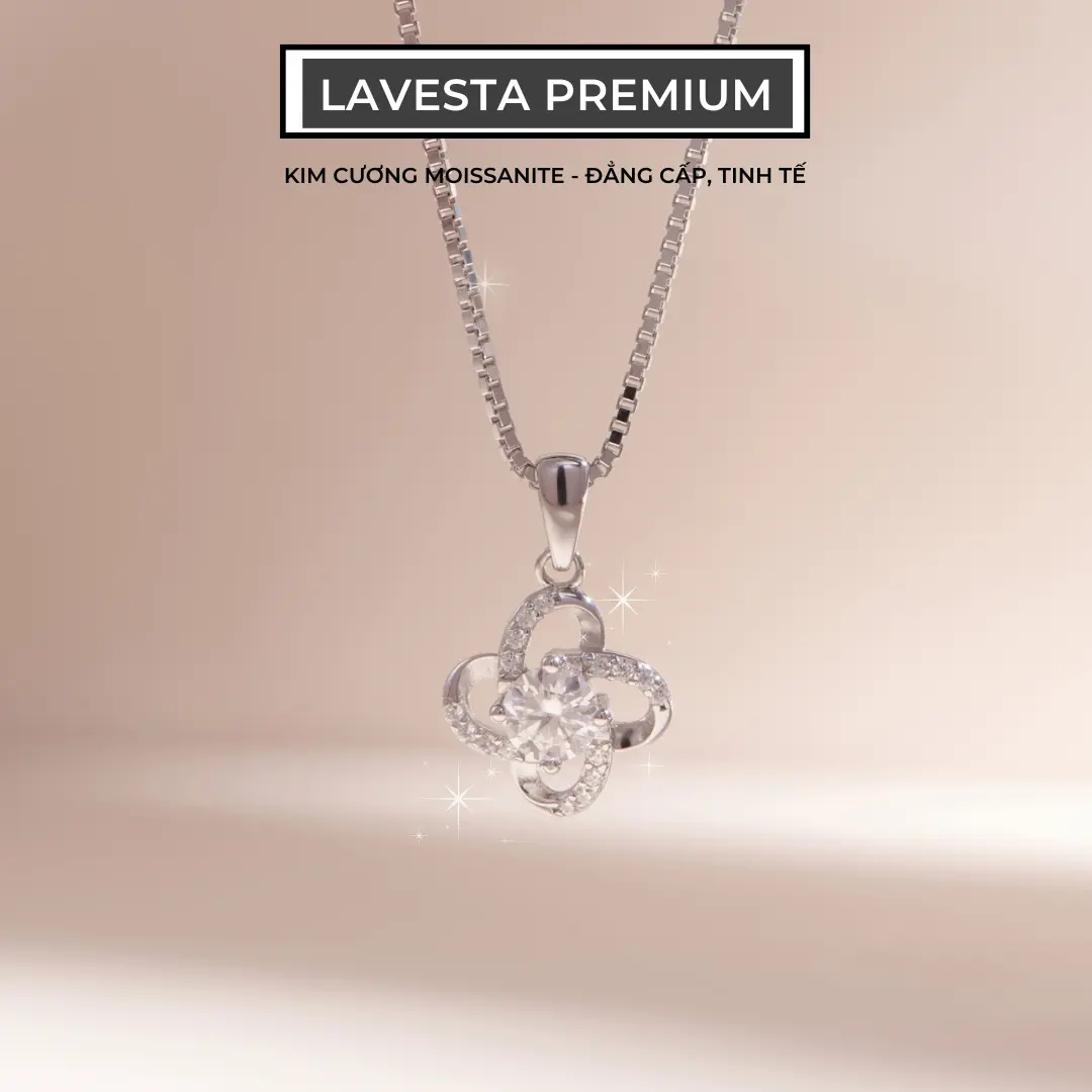 Dây chuyền kim cương Moissanite 5 ly kiểm định GRA LAVESTA KC98, bạc xi bạch kim thiết kế cỏ 4 lá Donatella
