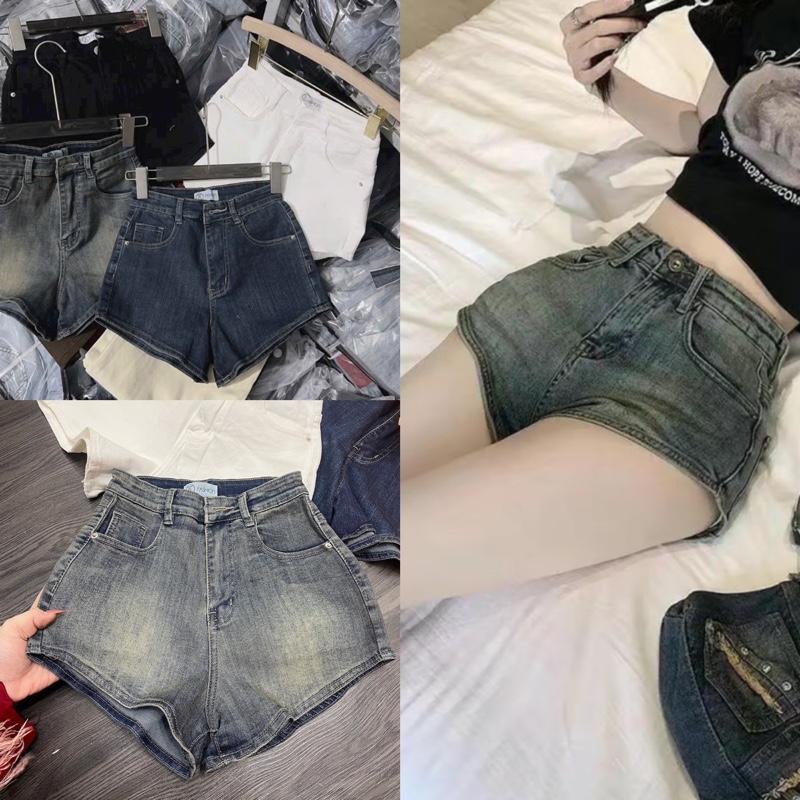 Quần short jean co dãn may lai ngắn trơn cơ bản 4 màu cạp cao thời trang nữ SML - Form ôm sát